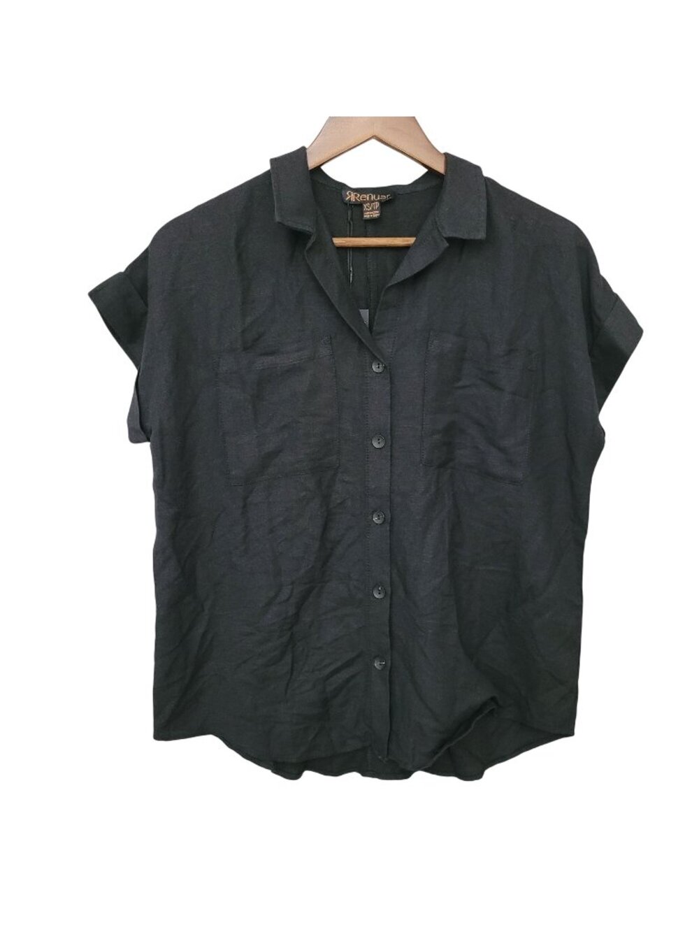 Renuar Linen Blend Short Sleeve Button-Up Shirt XS Black Lightweight Casual NWT